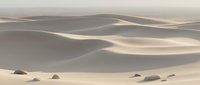 Vast desert landscape with rolling sand dunes and scattered rocks under soft natural lighting creating peaceful minimalist scenery for travel content.