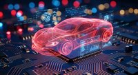 Futuristic red holographic car with digital interface elements on circuit board background. Automotive technology concept for smart vehicle innovation.