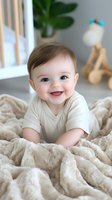 Smiling 6-month-old baby in white onesie lying on soft beige blanket at home. Natural window light creates gentle atmosphere. Wooden toy visible in background.