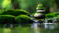 Zen stone stack covered in moss beside flowing water stream in peaceful forest setting for meditation wellness spa relaxation mindfulness balance harmony.