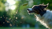 Australian Shepherd dog catching frisbee in mid-air with water droplets splashing around, backlit by golden sunlight in park setting.