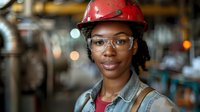 African American female industrial worker wearing red hard hat,iles confidently in manufacturing facility with bokeh lights.