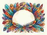 Colorful feather wreath frame with vibrant plumes in bohemian style, ethnic tribal design elements for decorative borders and artistic projects.