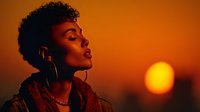 Young African American woman with curly hair and hoop earrings gazing upward during golden hour sunset with warm orange lighting and atmospheric bokeh background.