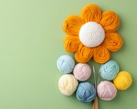 Creative composition with orange yarn flower and colorful yarn balls arranged as stem and leaves on green background, craft supplies for knitting and crochet projects.