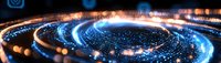 Glowing spiral of blue light particles and golden bokeh effects creating dynamic motion trails against dark background, abstract cosmic design pattern.
