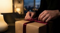 Male hands wrapping burgundy ribbon around kraft paper gift box indoors at evening with warm lamp light and blurred city lights in background, suitable for holiday, celebration, and present-giving content.