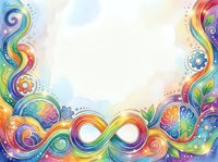 Colorful rainbow swirls and flowing waves with decorative circles and floral elements on white background, isolated design element for posters, invitations, and creative projects.