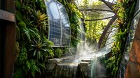 Tropical greenhouse interior with lush green plants, wooden walkways and natural sunlight streaming through glass panels creating peaceful botanical atmosphere.