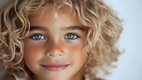 Young blonde girl with curly hair and bright blue eyes smiling warmly at camera against soft white background for portrait photography and lifestyle content.