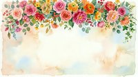 Watercolor floral arrangement with roses, ranunculus, and eucalyptus foliage cascading across top border on soft pastel background for wedding invitations and greeting cards.
