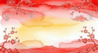 Red and yellow gradient landscape with cherry blossoms, clouds, and rolling hills in watercolor style. Suitable for backgrounds, greeting cards, and Asian-inspired designs.