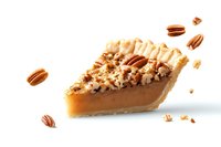 Slice of pecan pie with caramel filling and crispy crust on white background, garnished with scattered nuts. Classic American dessert for holiday season.