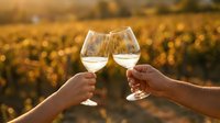 Two hands toasting with white wine glasses at golden hour in vineyard. Romantic celebration moment with warm sunset light creating magical atmosphere.