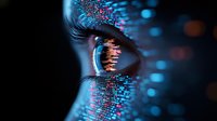 Close up macro shot of human eye with digital code reflection, glowing blue and orange technology data stream visualization in iris. Cybersecurity concept.