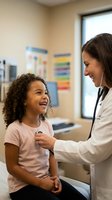 Female pediatrician examining happy mixed race girl with stethoscope during medical checkup in clinic office for children healthcare and wellness.