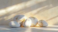 White smooth pebbles with golden sunlight and shadow stripes on light background, zen wellness spa composition for meditation and relaxation.