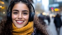 Young woman with curly hair wearing yellow scarf and wireless headphones smiling outdoors on city street with blurred bokeh lights and people in background.