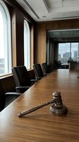 Wooden gavel on polished conference table in modern boardroom with city skyline view through large windows for legal and corporate meetings.