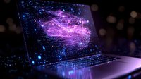 Glowing purple network visualization on laptop screen with digital particles and bokeh effects in dark setting, modern technology concept for big data analysis.