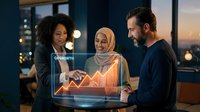 Diverse business team analyzing holographic growth chart in modern office during evening meeting showing upward trending data and collaboration.