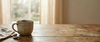 Rustic ceramic mug with hot beverage on wooden table by window with natural light, suitable for lifestyle and home decor content.