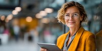 Confident mature businesswoman with glasses and yellow cardigan holding digital tablet in modern office environment with blurred background.