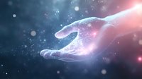 Glowing ethereal hand reaching through mystical cosmic space with sparkling particles and luminous energy effects against dark starry background.