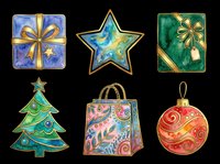 Watercolor Christmas clipart set with gift boxes, star, tree, shopping bag, and ornament, isolated on transparent background. Ready for stickers, T-shirts, and print on demand.