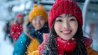 Young Asian woman wearing red knit beanie and scarf smiling at camera during snowfall, with blurred friends in winter clothing in background, suitable for seasonal campaigns.