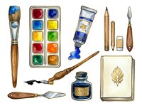 Watercolor paint set with brushes, palette, ink bottle, and sketchbook for artists and illustrators creating artwork and designs.