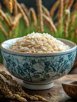 Organic brown rice grains in decorative ceramic bowl on rustic wooden table with wheat stalks background for healthy cooking and nutrition concepts.