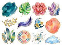 Watercolor botanical and nature elements including flowers, leaves, feathers, and abstract shapes in vibrant colors. Isolated clipart suitable for design projects, invitations, and creative compositions.