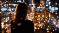 Young woman silhouette against city lights with glowing network connections and bokeh overlay creating futuristic technological atmosphere at night.