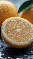 Fresh cut orange with water drops on dark surface shows juicy pulp segments and citrus texture in macro photography. Suitable for healthy lifestyle content.