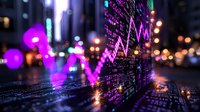 Digital stock market data visualization with purple neon lights and blurred city background at night, showing financial trading graph trends and market analysis.