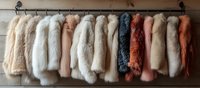 Luxurious faux fur coats in pastel and neutral colors hanging on clothing rack against wooden wall, fashion retail display showing texture and variety.