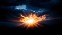 Dramatic sunset sky with bright sun rays bursting through dark storm clouds creating spectacular light beams and golden orange glow against moody blue atmosphere.