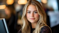 Young blonde businesswoman smiling confidently in modern office environment with warm bokeh lighting background for corporate presentations.