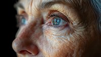 Close up portrait of senior Caucasian woman with bright blue eyes and natural aging skin texture showing wisdom and life experience in dramatic lighting.