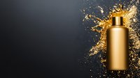 Golden cosmetic bottle with luxury splash effect on dark background for premium skincare and beauty product advertising campaigns.
