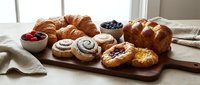 Fresh baked pastries and berries arranged on wooden board near bright window. Croissants, cinnamon rolls and sweet breads create inviting breakfast display.