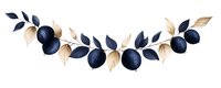 Watercolor plum branch with navy blue fruits and golden leaves arranged in elegant curved composition on white background, isolated botanical element.