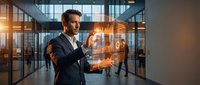 Professional businessman in suit interacting with holographic financial data display in modern office building with glass architecture and warm lighting.
