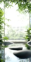 Fresh bamboo leaves frame tranquil spa water with black stones, creating zen atmosphere against soft blurred background. Natural wellness setting for relaxation.