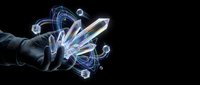 Gloved hand holding illuminated crystal prisms and geometric wireframe elements against dark background for technology, innovation, and digital transformation concepts.