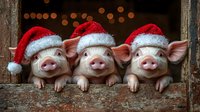 Three adorable piglets wearing red Santa hats peek over rustic wooden fence with warm bokeh lights creating festive Christmas atmosphere for holiday greeting cards.