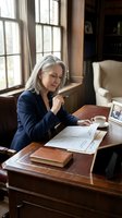 Mature woman with gray hair, Caucasian ethnicity, wearing navy blazer, sitting at wooden desk reviewing documents with pen in hand, coffee cup nearby, sunlit office with bookshelves.