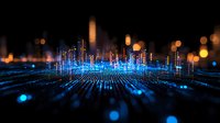 Futuristic digital cityscape with glowing blue light trails and golden bokeh effects against dark background, representing technology and connectivity networks.