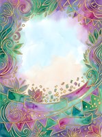 Ornate floral frame with gold accents, watercolor swirls in purple, pink, and teal, featuring decorative bunting and botanical elements on isolated white background for invitations and design projects.